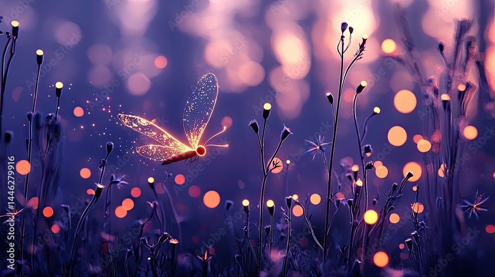 A glowing butterfly flies among the delicate illuminated plants