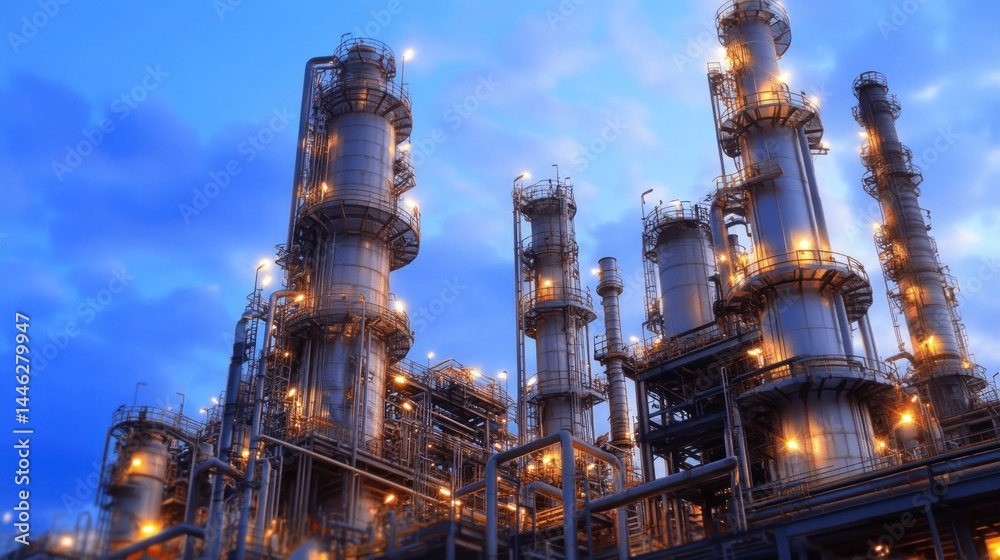 Complex refinery structure illuminated against a blue twilight sky
