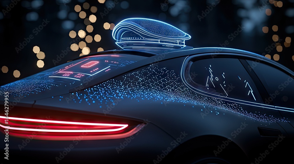 Futuristic automobile with glowing blue and red lights showcasing digital design