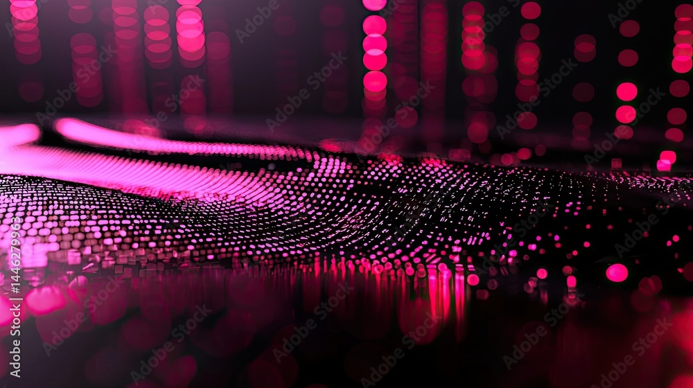 Abstract digital landscape comprised of glowing dots and bokeh effect