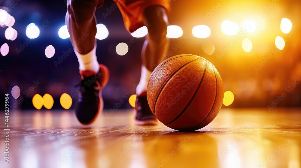 Basketball being dribbled on a hardwood floor during a game