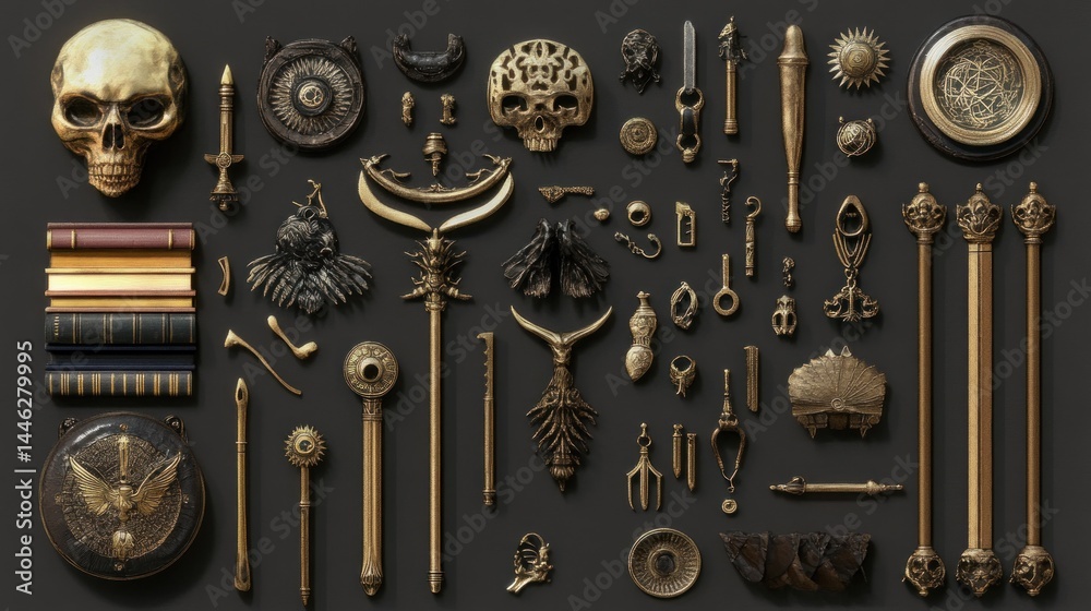 Golden ornate artifacts displayed on a dark surface together