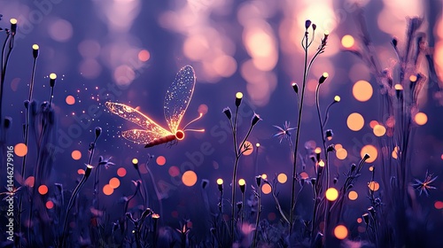 Obraz na płótnie A glowing butterfly flies among the delicate illuminated plants w salonie