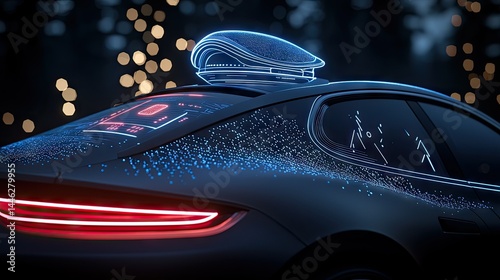 Obraz na płótnie Futuristic automobile with glowing blue and red lights showcasing digital design w salonie