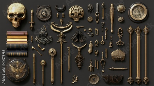 Obraz na płótnie Golden ornate artifacts displayed on a dark surface together w salonie