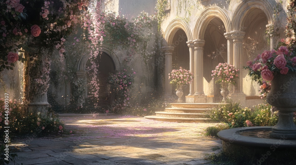 Beautiful courtyard with arches columns and roses blossoms around