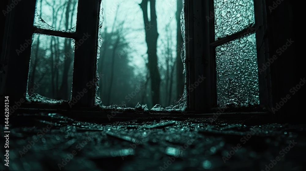 A broken window looks out onto a foggy mysterious forest