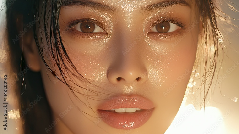 A beautiful woman with glistening skin looking directly at the viewer