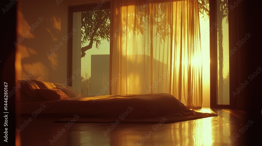 A bedroom bathed in golden light from a nearby sunrise