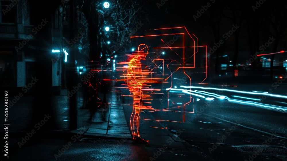 An illuminated figure stands by the road at nighttime