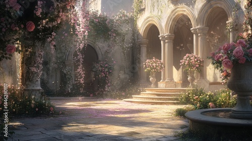 Obraz na płótnie Beautiful courtyard with arches columns and roses blossoms around w salonie