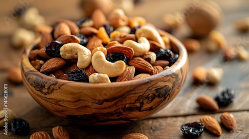 A close-up of a mixed nuts and dried fruit assortment in a rustic wooden bowl, with almonds, cashews, and raisins
