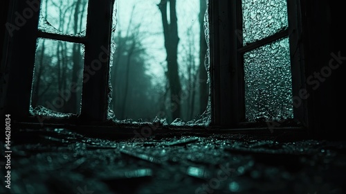 Obraz na płótnie A broken window looks out onto a foggy mysterious forest w salonie