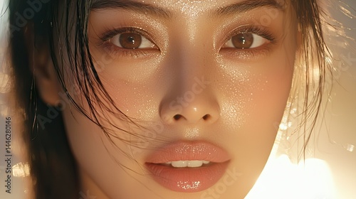A beautiful woman with glistening skin looking directly at the viewer