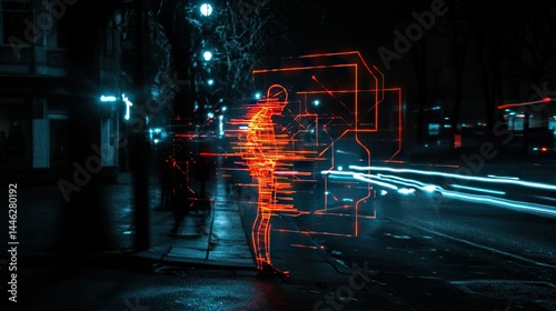 An illuminated figure stands by the road at nighttime
