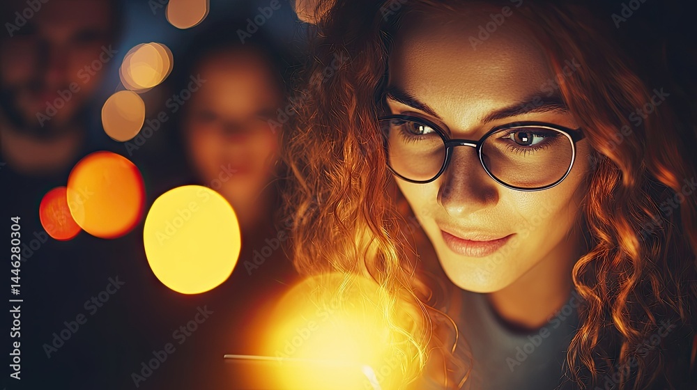 Woman Wearing Glasses Looking at a Screen with Friends in Background
