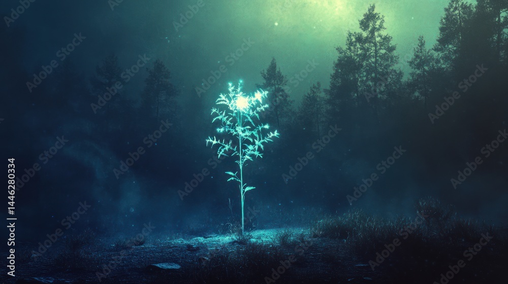 Glowing plant illuminates a dark and mysterious foggy forest