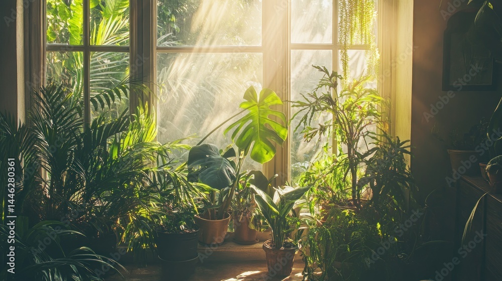 Sunlight streams through a window filled with lush houseplants