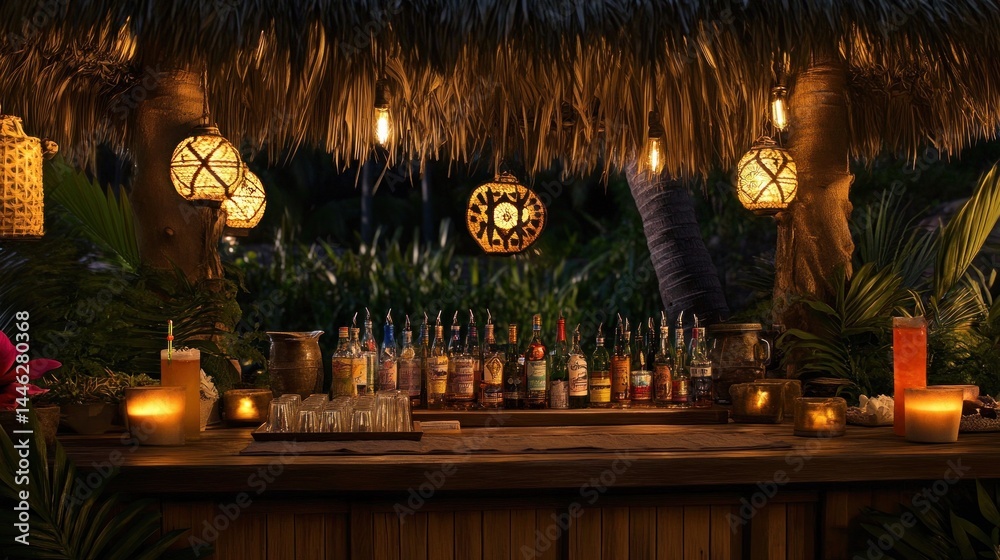 Tropical tiki bar illuminated with lanterns and candlelight at night