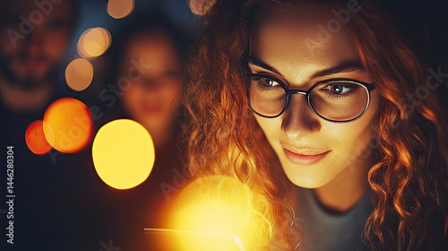 Obraz na płótnie Woman Wearing Glasses Looking at a Screen with Friends in Background w salonie