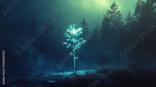 Obraz na płótnie Glowing plant illuminates a dark and mysterious foggy forest w salonie