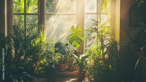 Obraz na płótnie Sunlight streams through a window filled with lush houseplants w salonie