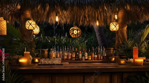 Obraz na płótnie Tropical tiki bar illuminated with lanterns and candlelight at night w salonie