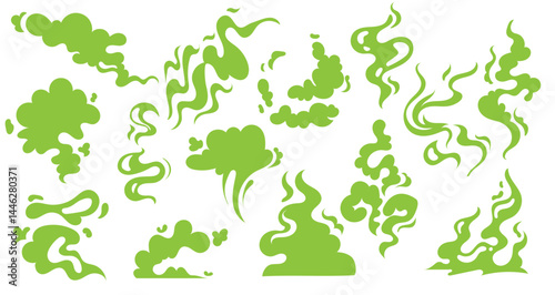 Toxic smoke, green potion gas dangerous, chemical, vector set