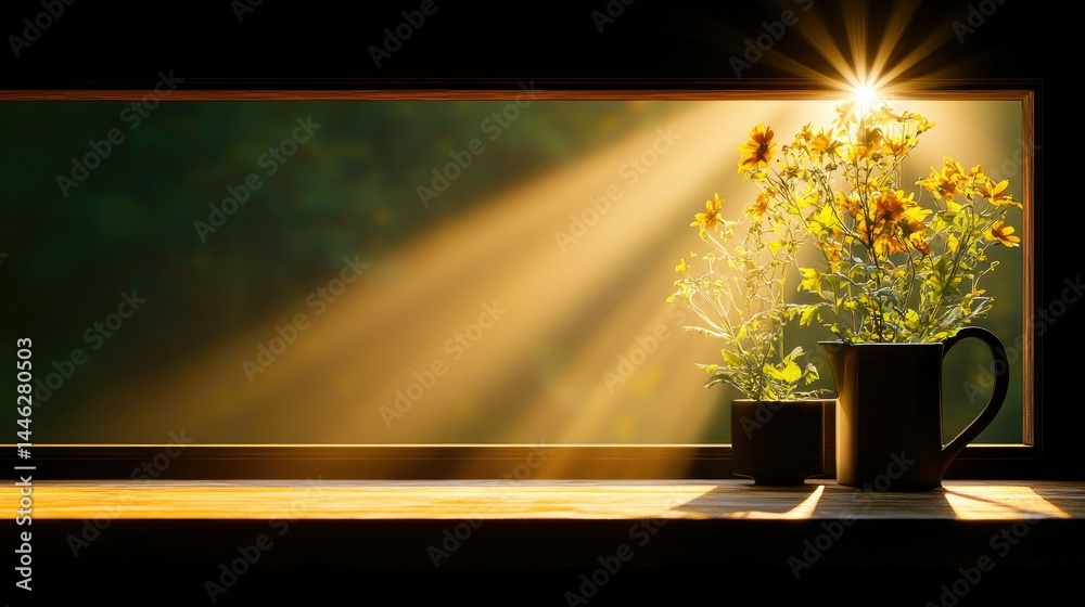 Yellow Flowers in Pots Receive Sunlight Through a Window Frame