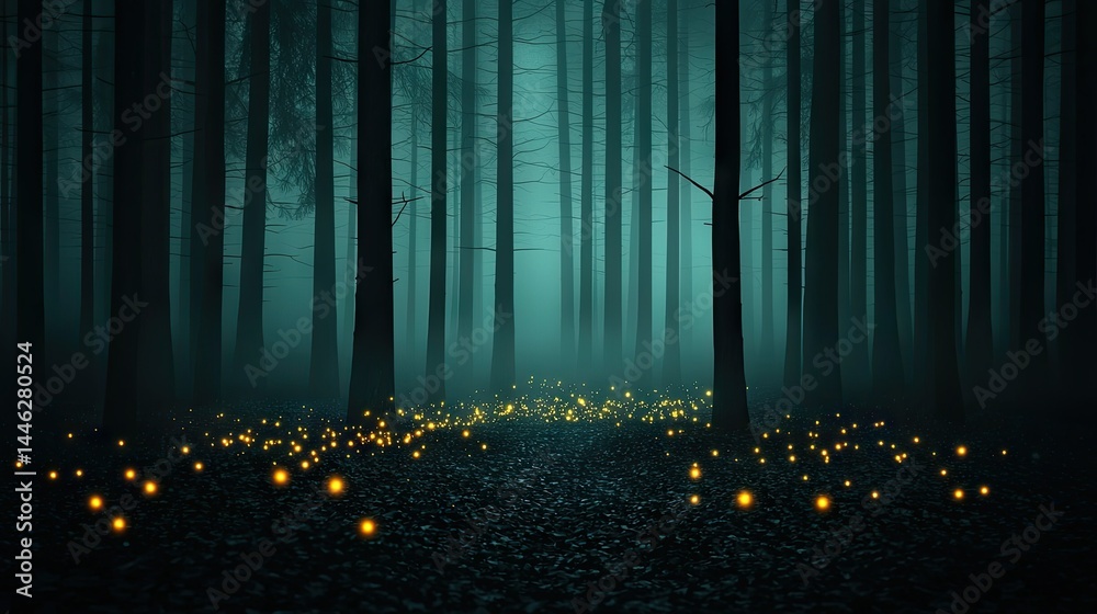 A mysterious dark forest with shining light particles on the ground