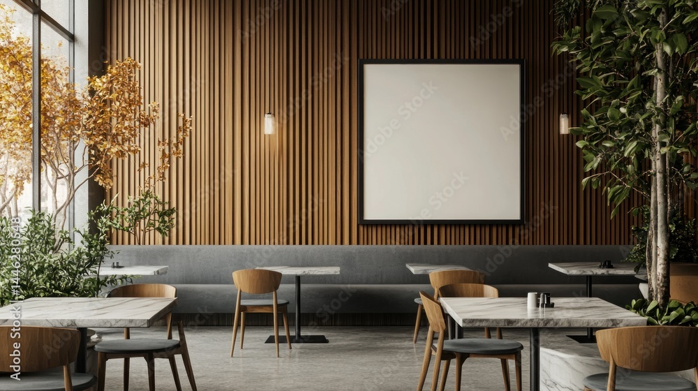 Interior view of a modern restaurant with natural elements
