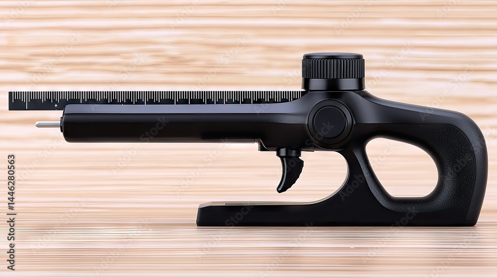 A black marking gauge tool rests on a wooden surface