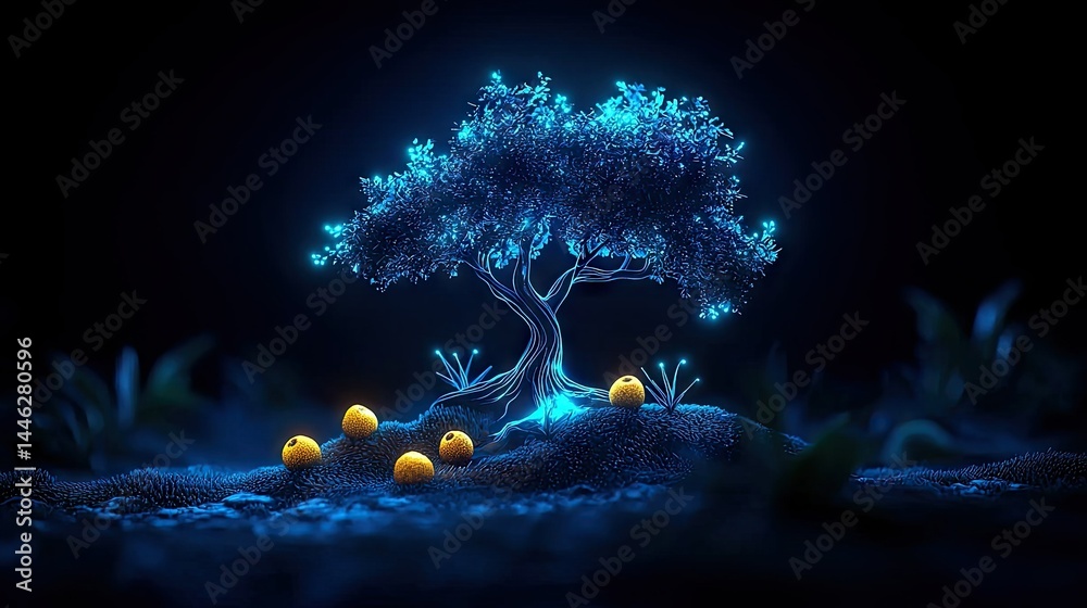A Glowing Blue Tree and Spherical Fruit in a Dark Scene