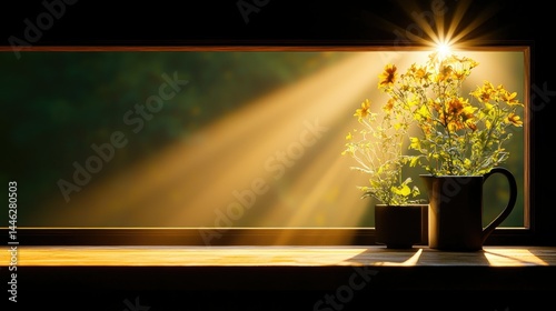 Obraz na płótnie Yellow Flowers in Pots Receive Sunlight Through a Window Frame w salonie