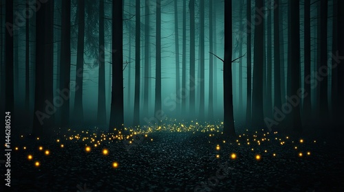 Obraz na płótnie A mysterious dark forest with shining light particles on the ground w salonie