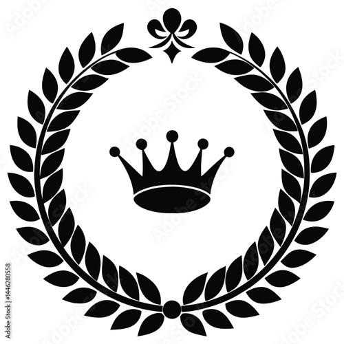 crown in laurel wreath, heraldic, emblem, coat of arms, black and white, minimalist, vector graphic, symmetrical
