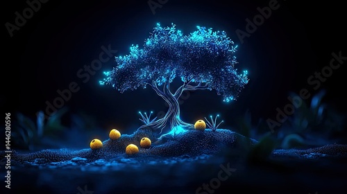 A Glowing Blue Tree and Spherical Fruit in a Dark Scene