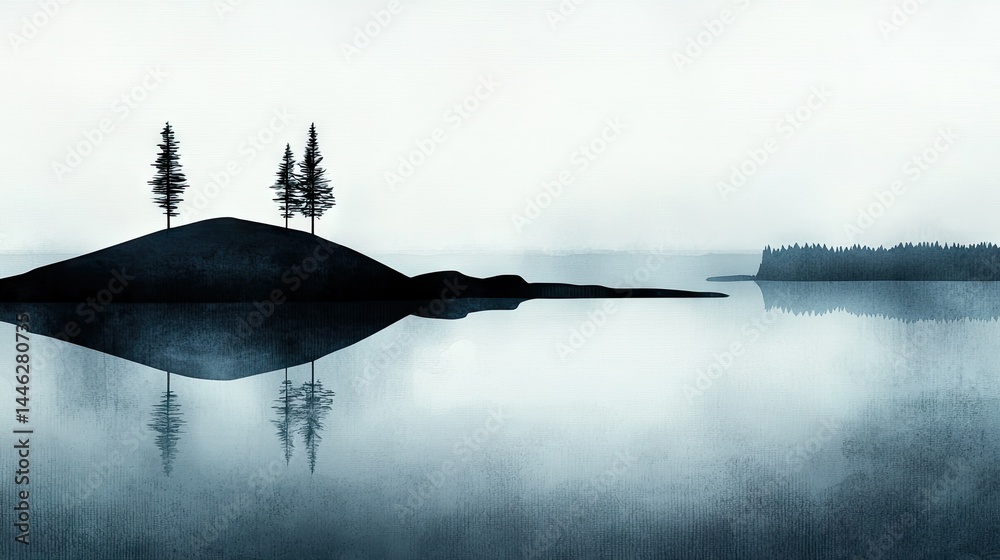 Tranquil image showing trees reflecting on a still lake surface