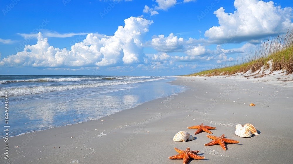 Starfish and seashells rest on a peaceful sandy beach