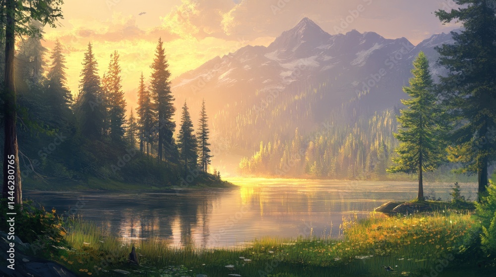 Beautiful landscape painting of a serene lake and mountains