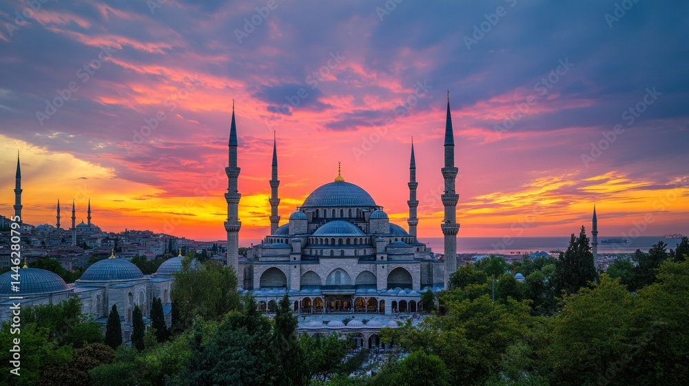 Blue mosque stands illuminated against a colorful sunset sky