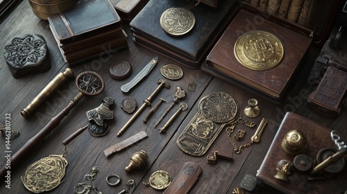 Obraz na płótnie Collection of antique brass and wooden objects displayed together w salonie
