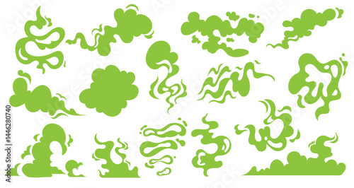 Toxic smoke, green potion gas dangerous, chemical, vector set