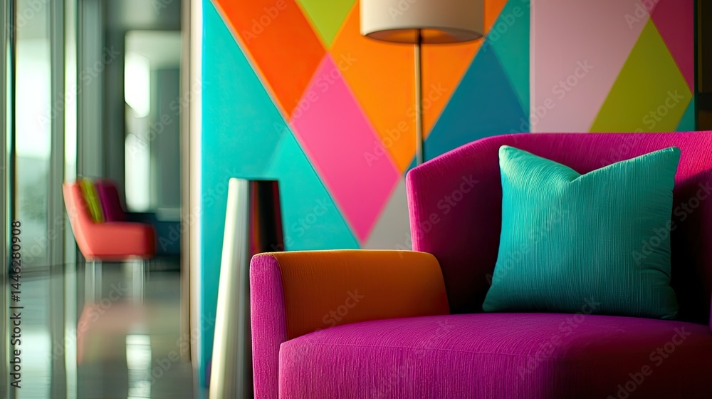 A colorful modern interior design with vibrant furniture and decor