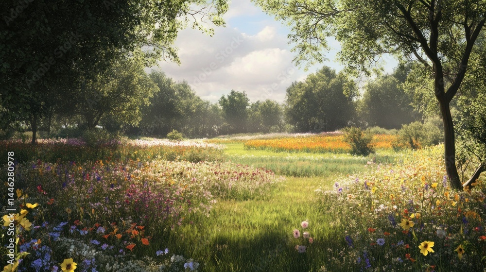 Beautiful meadow with wildflowers surrounded by trees on sunny day