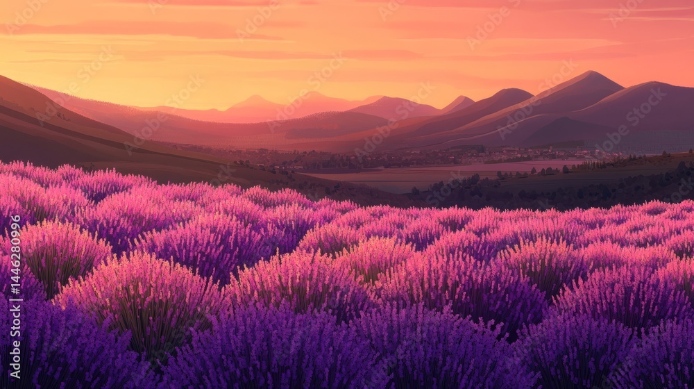 A beautiful lavender field stretches before distant purple mountains