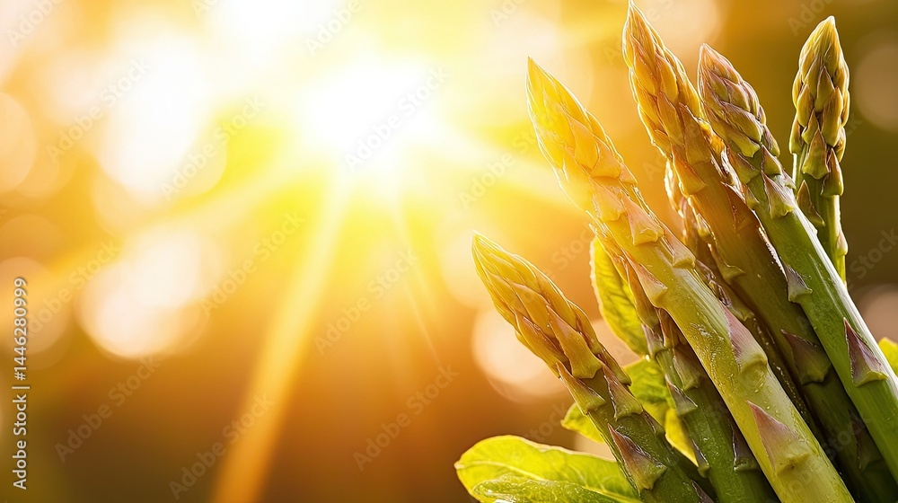 Fresh green asparagus illuminated by golden warm sunshine