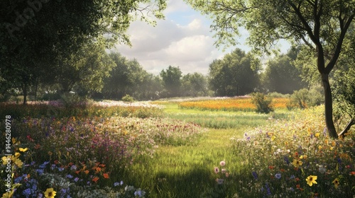 Obraz na płótnie Beautiful meadow with wildflowers surrounded by trees on sunny day w salonie