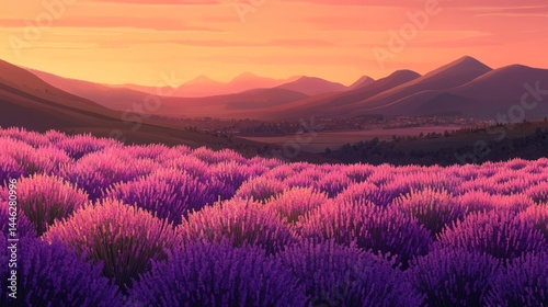 Obraz na płótnie A beautiful lavender field stretches before distant purple mountains w salonie