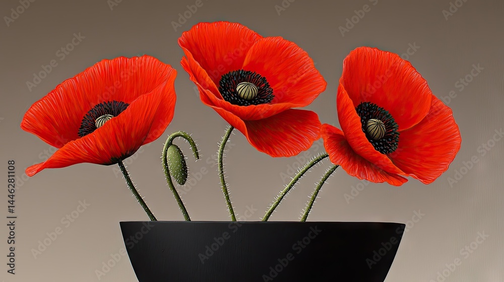 Vivid red poppy flowers elegantly arranged in a simple black pot
